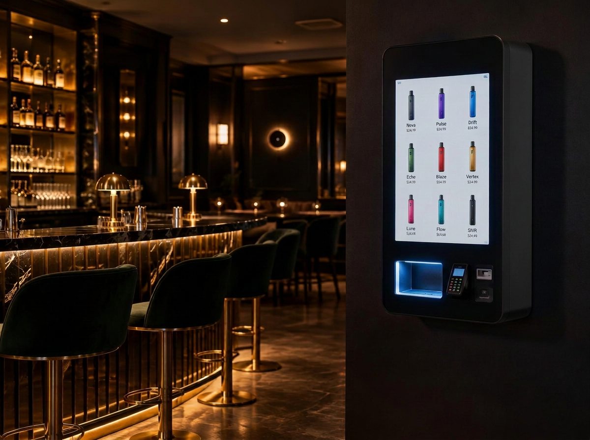 Vape vending machine installed beside an upscale bar